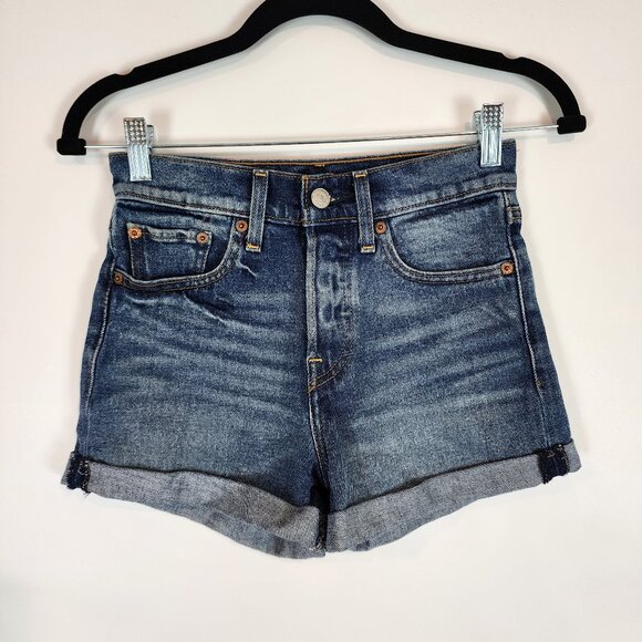 Levi's High Rise Button Fly Wedgie Shorts Mid Wash Cuffed Hem Cheeky Denim Short - Picture 3 of 12